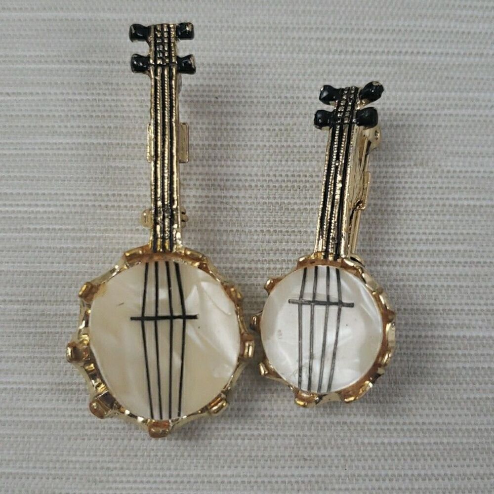 VTG Mother of Pearl Banjo Brooch Pins Gold Tone Musician Stringed Instrument MCM